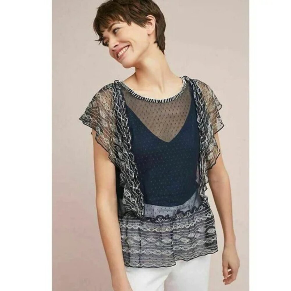 Anthropologie Top Blouse Meadow Rue Lace Mesh Sheer Ruffle Size M Blue Blouse